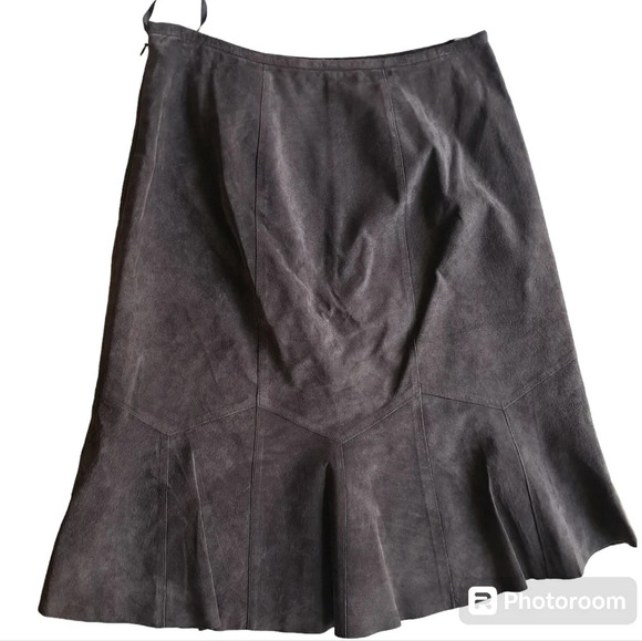 Alfani 100% Real Genuine Suede Leather Midi Skirt Pleats Raw Hem Dark Brown zip - Picture 7 of 7